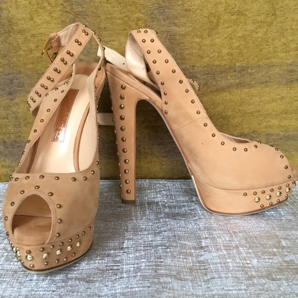NWT Nando Muzi Tan Studded Nubuck Leather Peep-Toe - Picture 2 of 8